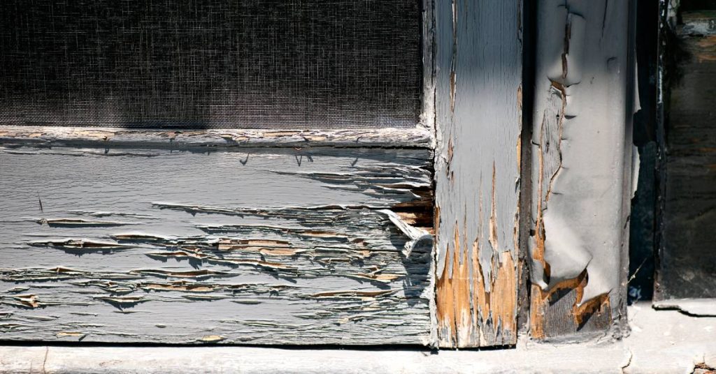 A screen door made of wood with old paint flaking off of it. It’s become dry-rotted and is starting to fall apart.